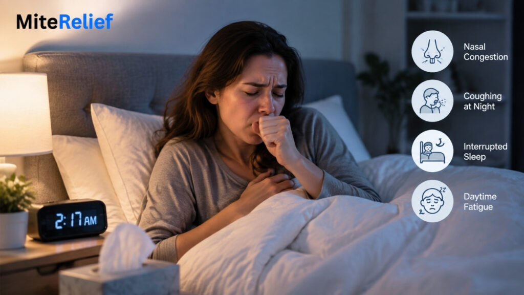 Person experiencing dust mite allergy symptoms like coughing and congestion at night