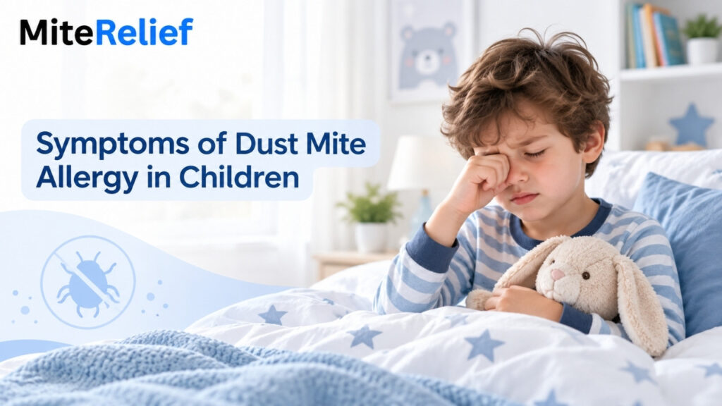 Child showing common dust mite allergy symptoms including itchy eyes and nasal irritation