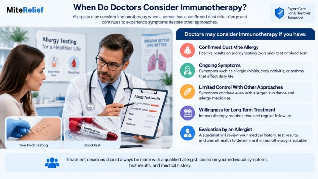 Allergist reviewing dust mite allergy test results before immunotherapy