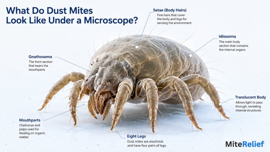 Dust mite anatomy under a microscope showing eight legs, setae, gnathosoma, idiosoma, and body structure