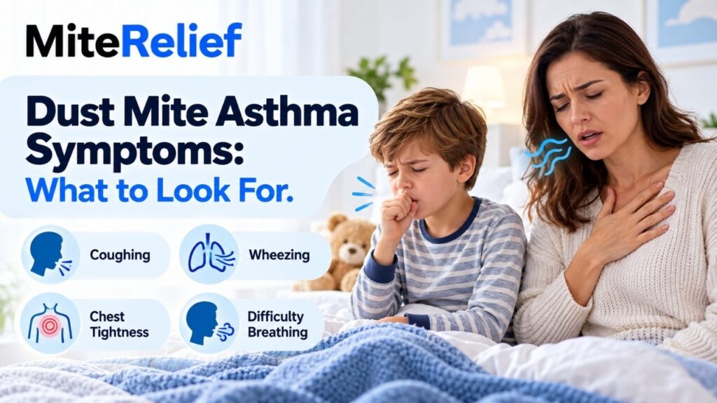 Child showing dust mite asthma symptoms including coughing, wheezing, chest tightness, and breathing difficulty