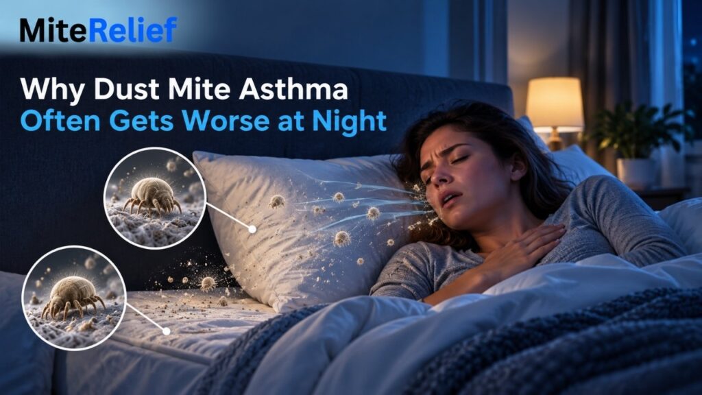 Bedroom scene showing nighttime asthma discomfort caused by dust mite allergens from mattress and pillow