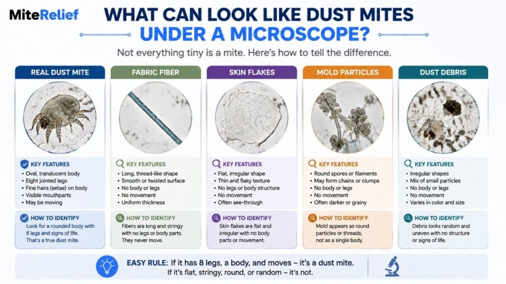 Microscope comparison chart showing dust mites, fabric fibers, skin flakes, mold particles, and dust debris