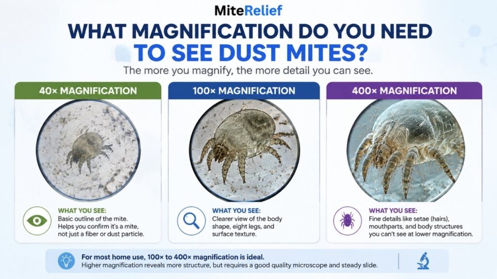 Dust mite microscope magnification comparison showing 40x, 100x, and 400x views with increasing detail