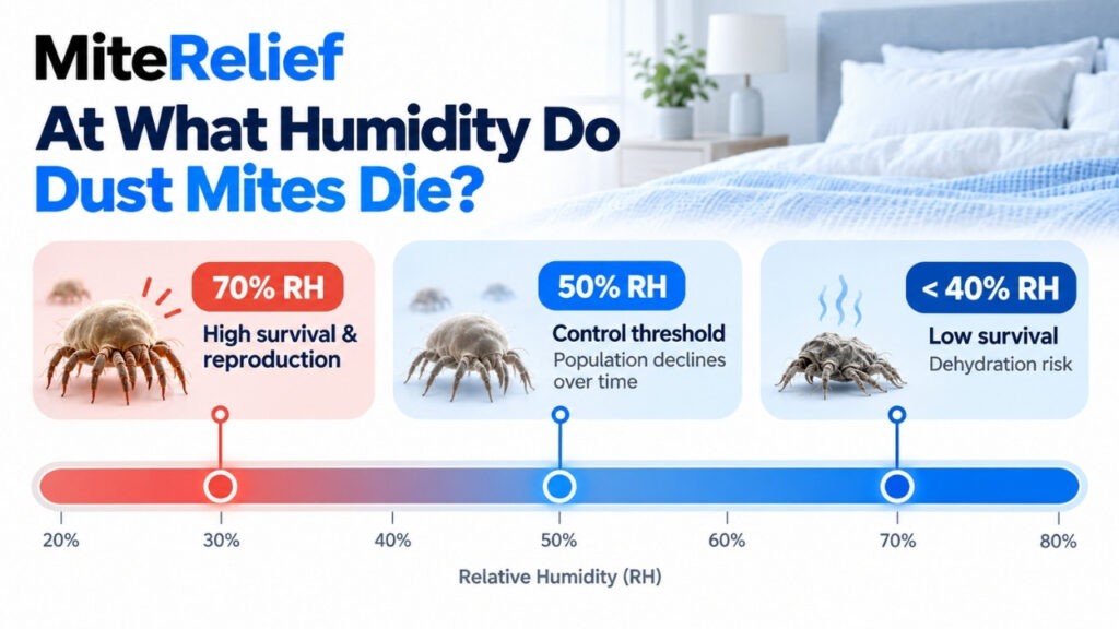 Infographic showing dust mite survival at 70%, 50%, and below 40% relative humidity