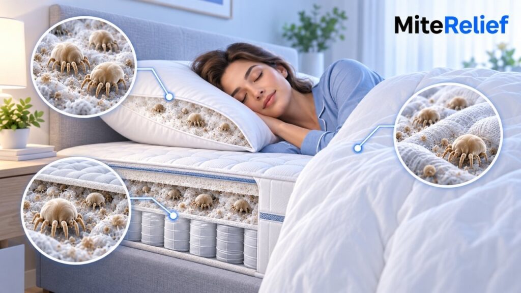 Dust mites hiding in mattress and bedding causing nighttime allergy symptoms