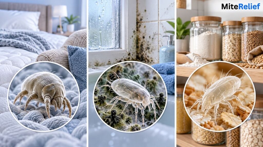 Comparison of dust mites in bedding, mold mites near moisture, and grain mites in stored food