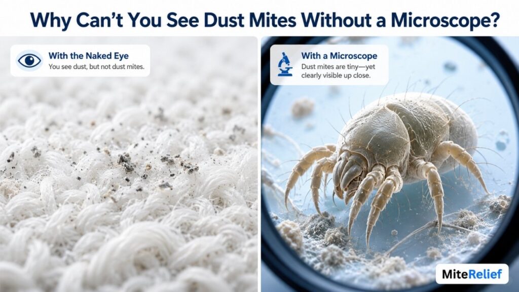 Comparison of dust mites seen under a microscope versus invisible dust particles to the naked eye