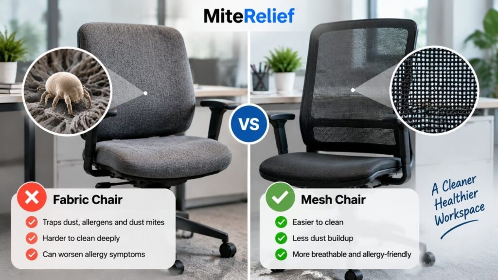Fabric vs mesh office chair comparison showing easier cleaning and dust mite control