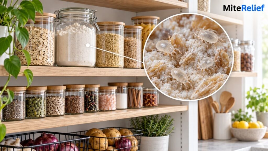 Grain mites in flour and stored food products inside a pantry container