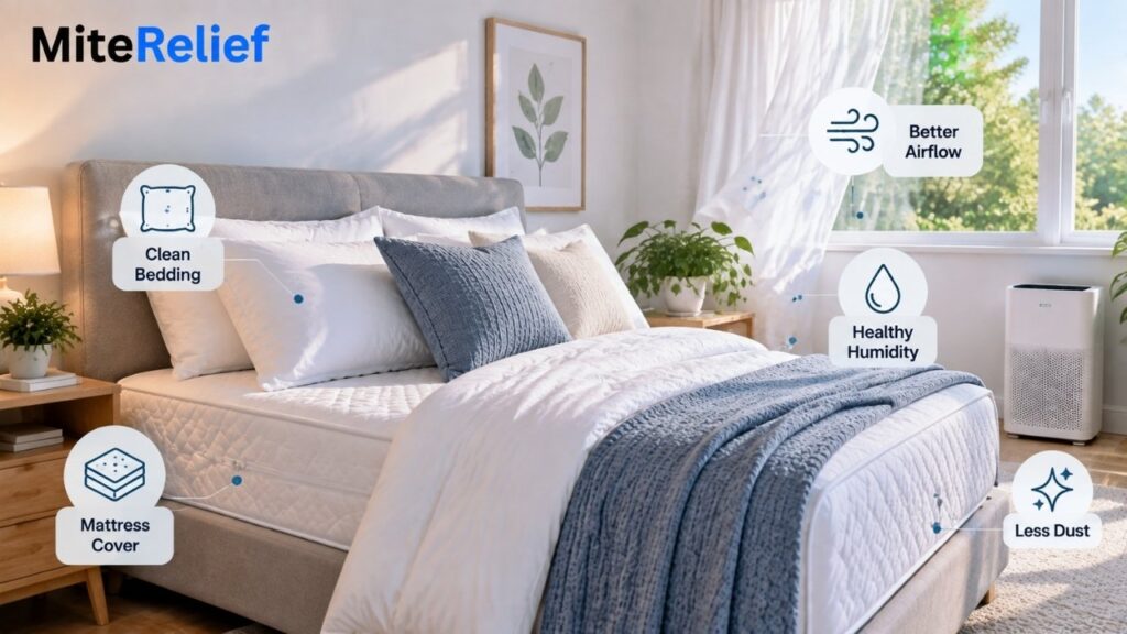Clean bedroom setup with bedding, mattress cover, airflow, and humidity control to reduce dust mites