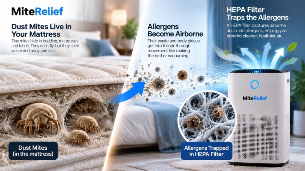 hepa-filter-captures-dust-mite-allergens.webp Illustration showing a HEPA filter capturing airborne dust mite allergens while dust mites remain on surfaces