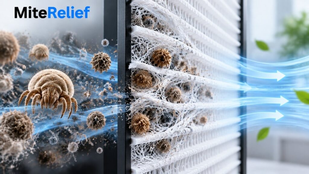 Close-up illustration of HEPA filter fibers trapping tiny airborne particles and allergens