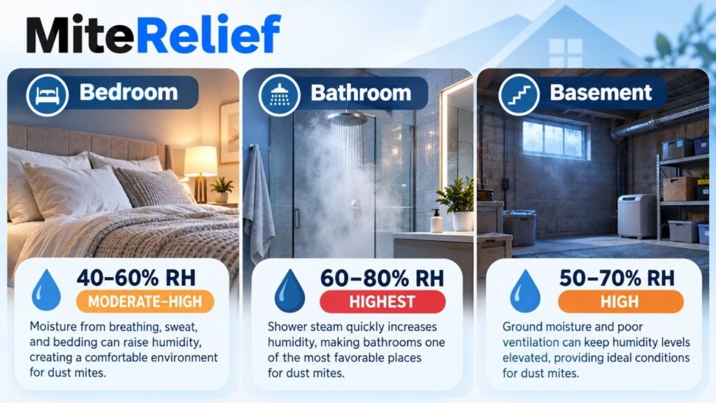 Infographic comparing humidity levels in a bedroom, bathroom, and basement where dust mites may thrive