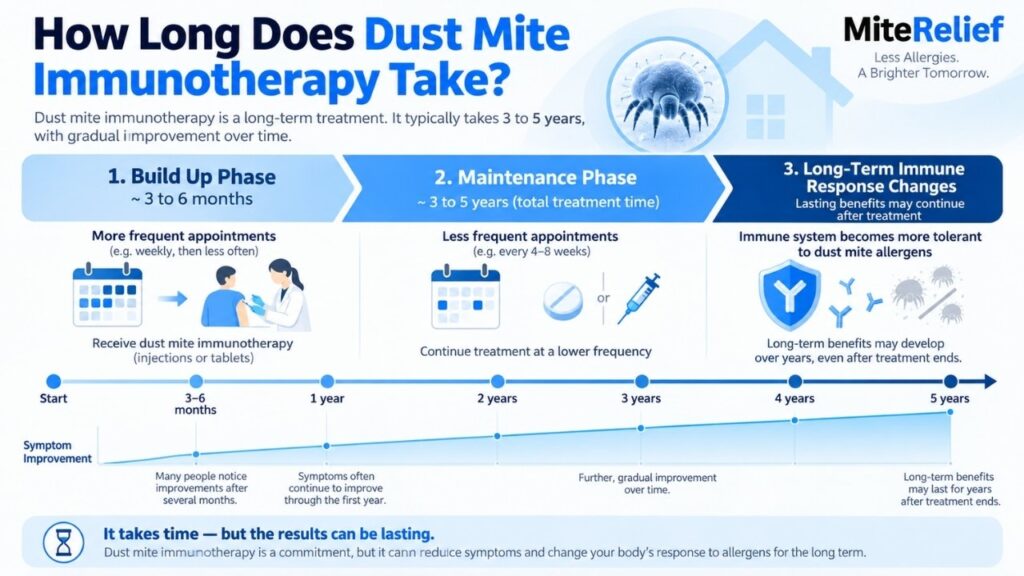 House dust mite immunotherapy timeline showing build up and maintenance phases