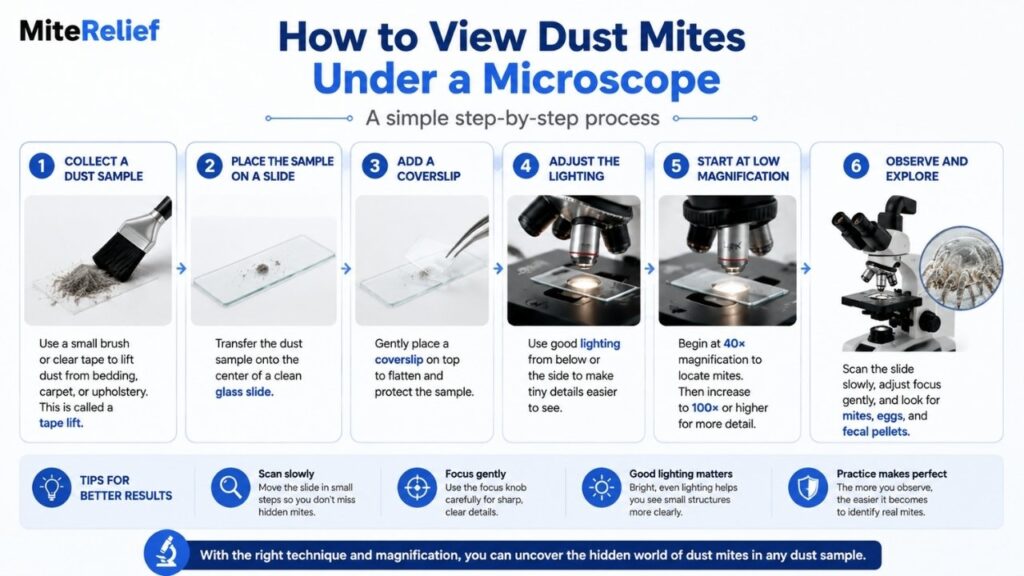 Step-by-step process showing how to view dust mites using a sample, glass slide, coverslip, and microscope