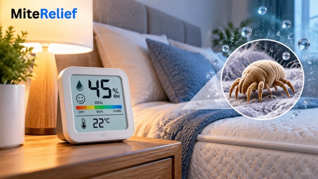 Digital hygrometer measuring relative humidity near a mattress and bedding in a bedroom