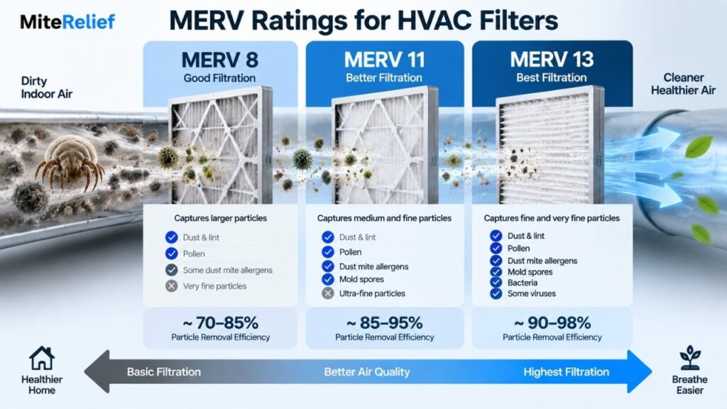 HVAC filter diagram comparing MERV 8, MERV 11, and MERV 13 filtration levels
