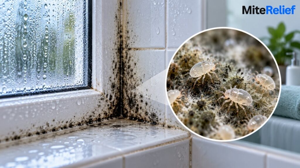 Mold mites near mold growth in a damp bathroom area caused by excess moisture