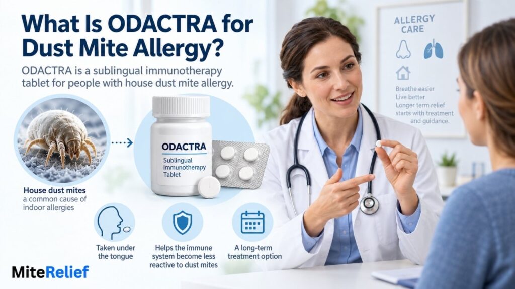 ODACTRA dust mite tablet educational illustration with allergist guidance