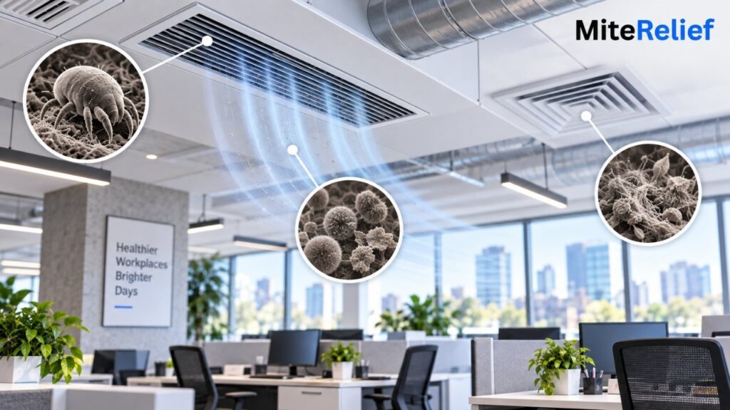 Office HVAC system circulating air and potential dust mite allergens indoors