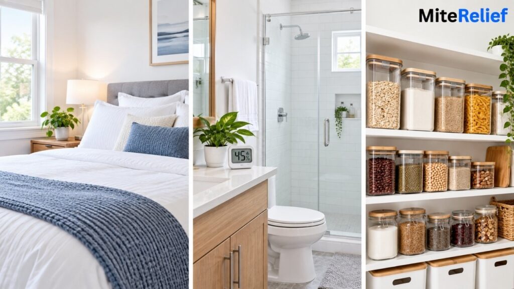 Ways to prevent mites by keeping bedrooms, bathrooms, and food storage areas clean and dry