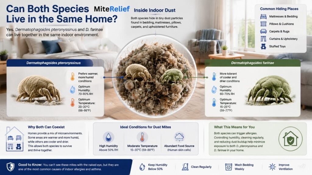 Educational home illustration showing Dermatophagoides pteronyssinus and farinae dust mites living in indoor environments