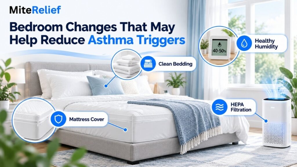 Clean bedroom with mattress cover, fresh bedding, humidity control, and HEPA filtration to reduce asthma triggers
