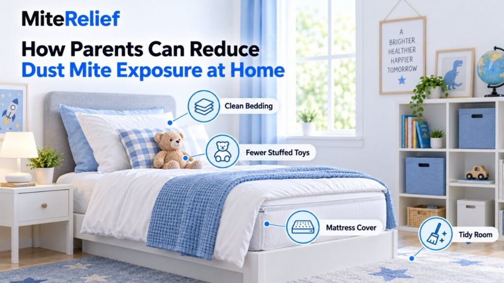 Child bedroom with clean bedding, mattress cover, fewer stuffed toys, and organized shelves to reduce dust mites