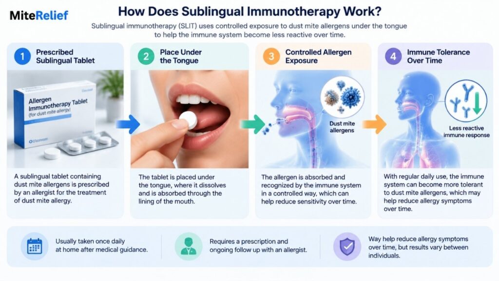 Sublingual dust mite immunotherapy tablet process under the tongue illustration