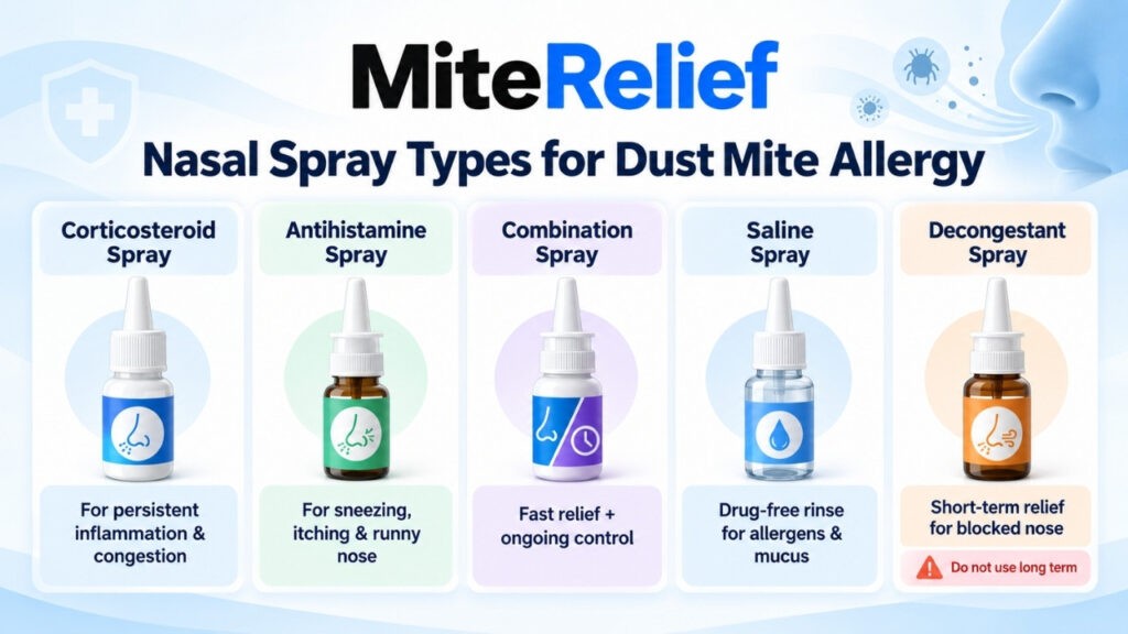 Medical comparison infographic showing corticosteroid, antihistamine, saline, combination, and decongestant nasal spray types