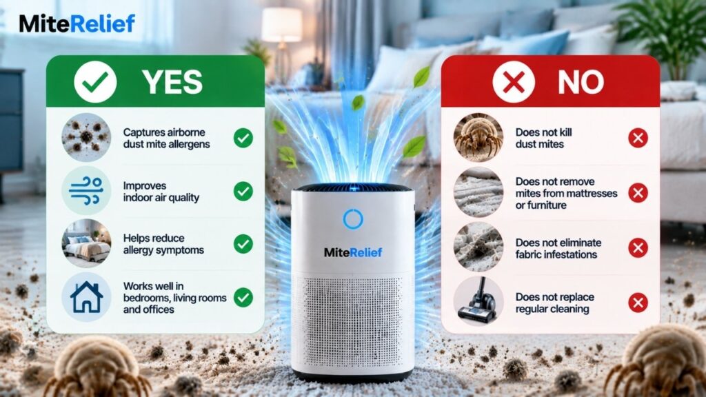 HEPA filter comparison showing that it captures allergens but does not kill or remove dust mites from surfaces