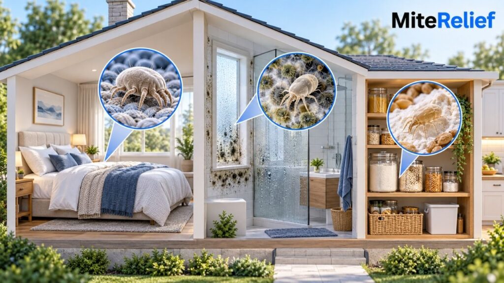 Different places where dust mites, mold mites, and grain mites are found inside a home