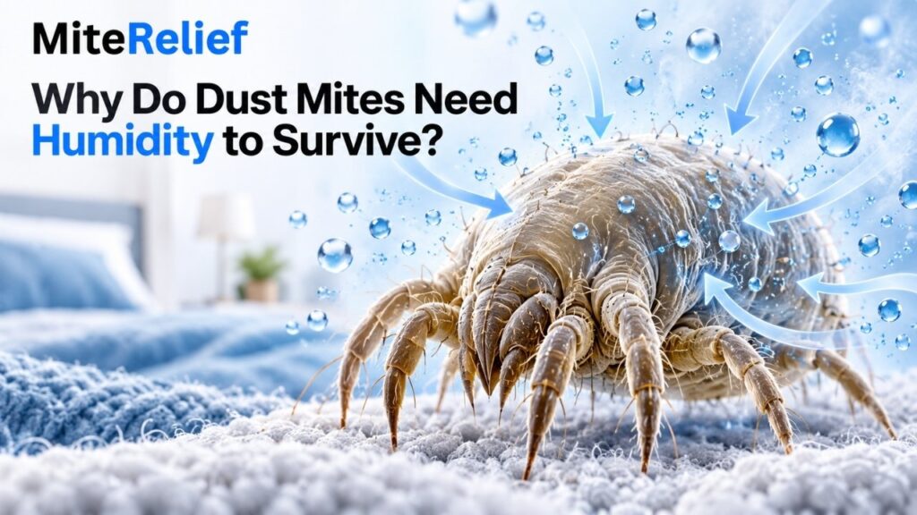 Scientific illustration showing a dust mite absorbing moisture and water vapor from humid air