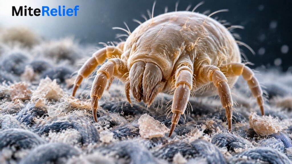 Magnified house dust mite showing its microscopic body and legs.