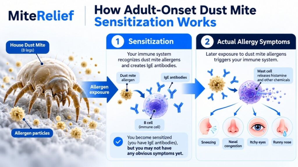 adult-onset-dust-mite-allergy-sensitization.webp Medical infographic showing dust mite allergens, IgE antibodies, immune sensitization, and allergy symptoms