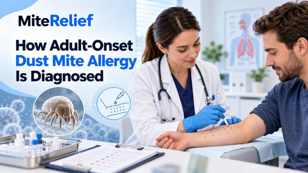 adult-onset-dust-mite-allergy-skin-prick-test.webp Healthcare professional performing a skin prick allergy test on an adult patient to investigate suspected dust mite allergy