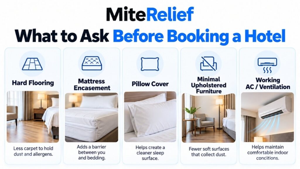Hotel room infographic showing hard flooring, mattress encasement, pillow cover, minimal fabric furniture, and ventilation
