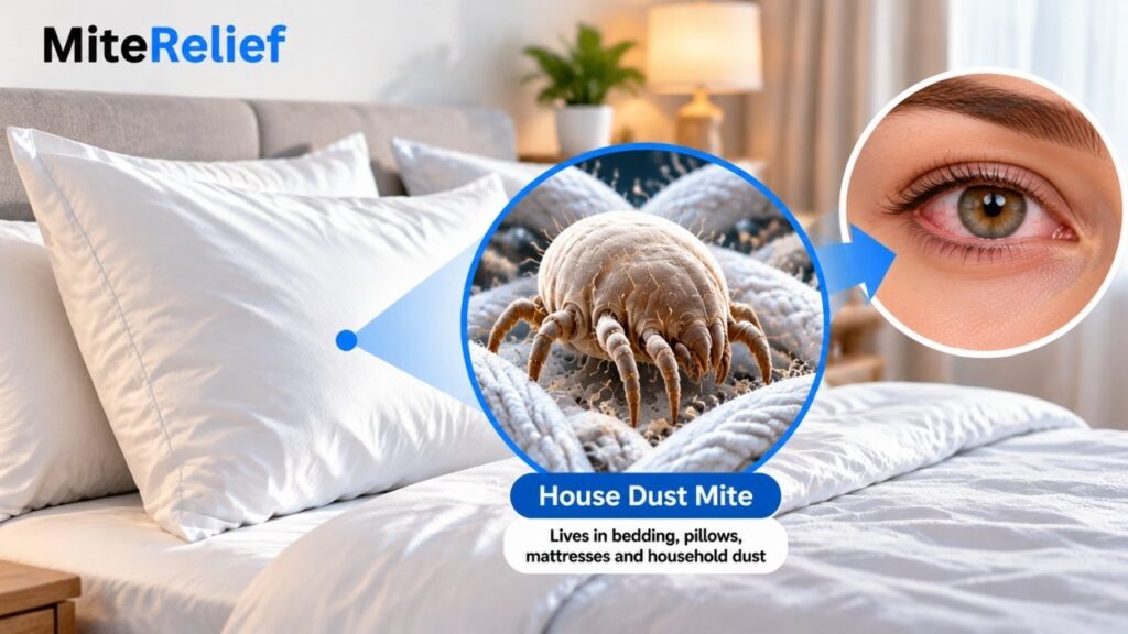 bedding-dust-mite-allergen-exposure.webp Pillowcase and bedding where dust mite allergen material may accumulate.