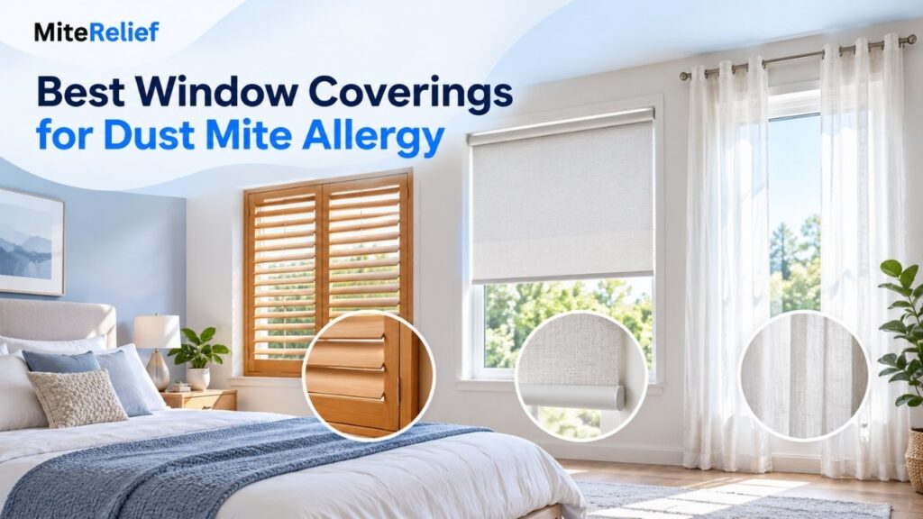 Modern bedroom with wooden shutters, roller blinds, and washable curtains for allergy-friendly living