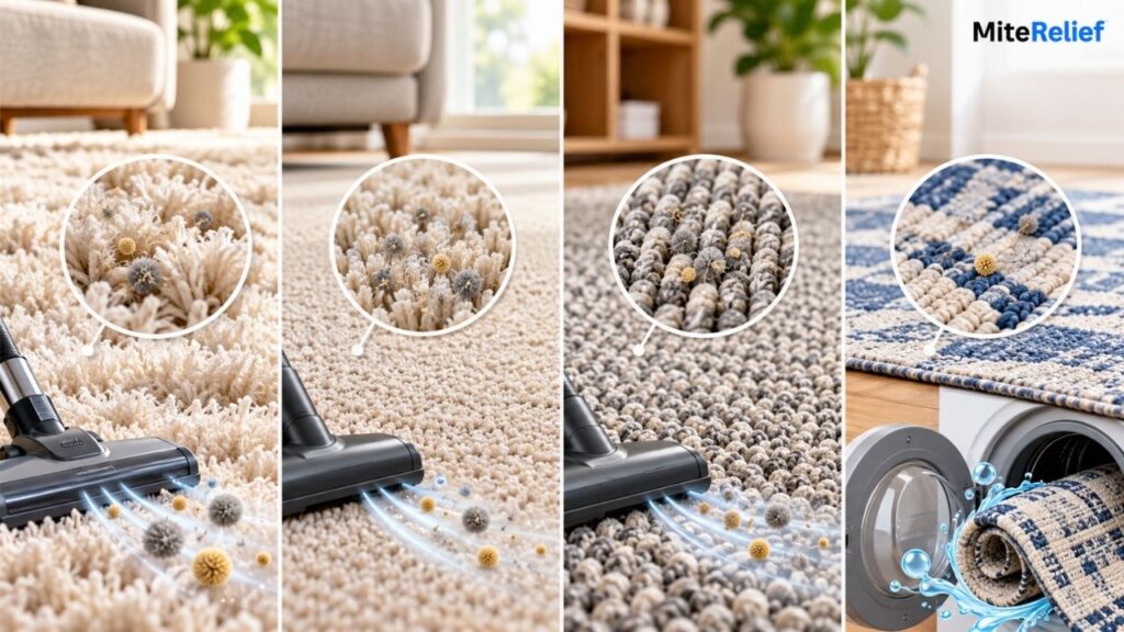 Comparison of high-pile, low-pile, loop-pile carpets, and a washable rug.