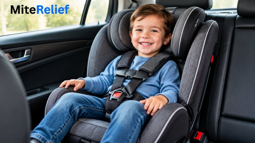 Child safety car seat showing fabric upholstery and harness straps
