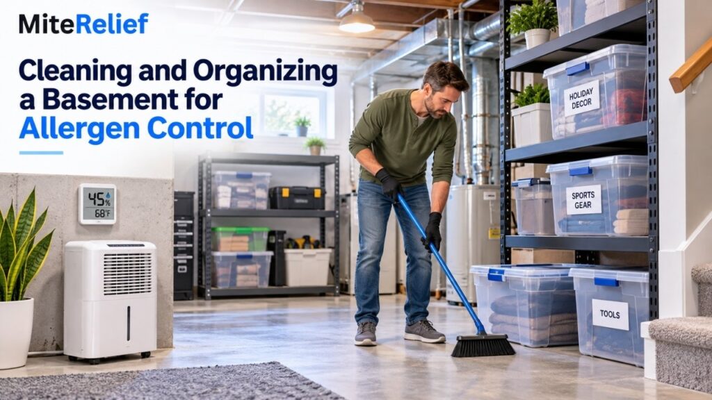 cleaning-basement-allergen-control.webp Person cleaning and organizing a basement with sealed storage bins, dehumidifier, hygrometer, and clean shelving