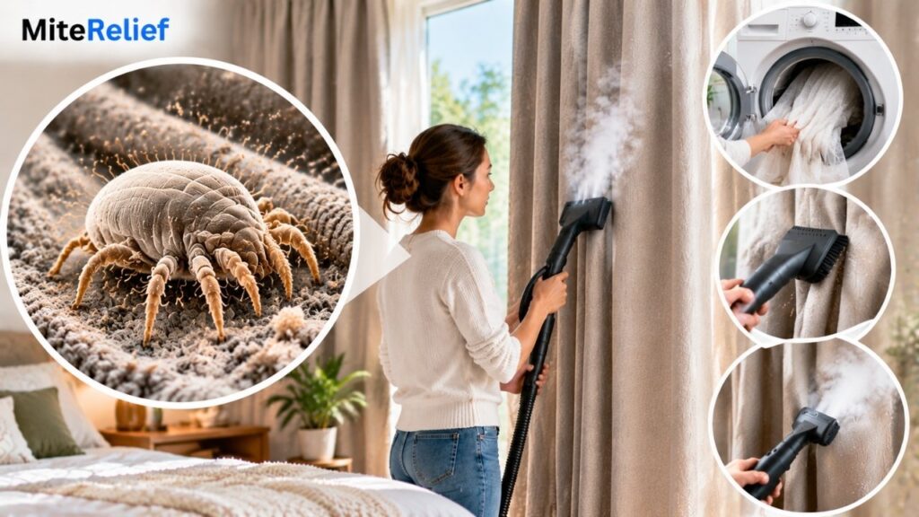 Person cleaning curtains with washing, vacuuming, and steam cleaning methods to reduce allergens