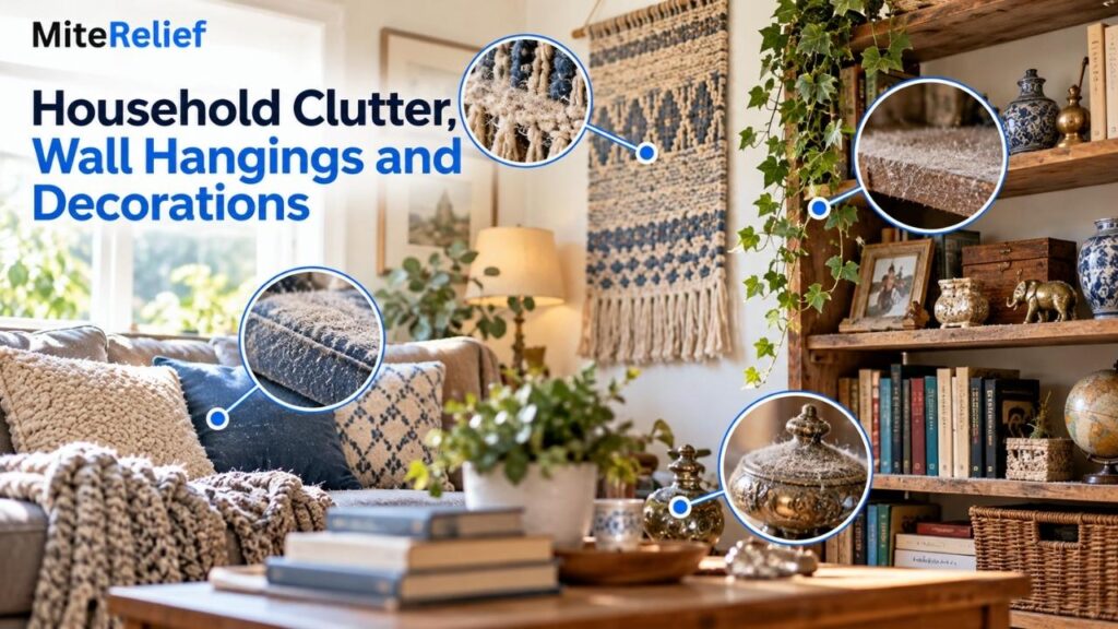 clutter-wall-hangings-dust-allergens.webp Cluttered room with fabric wall hangings, artificial flowers, decorations, and shelves where settled dust can accumulate