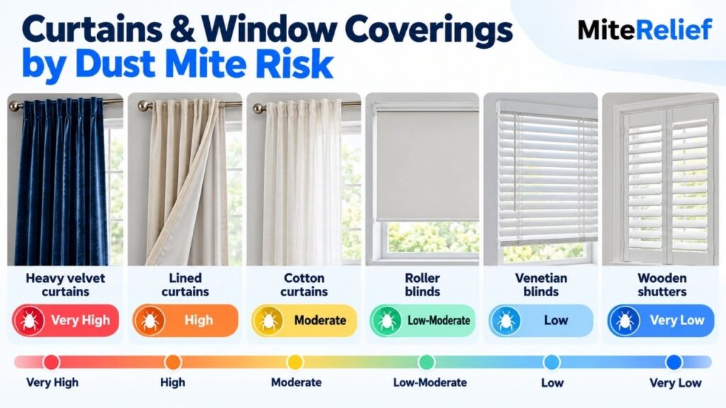 Comparison of heavy curtains, cotton curtains, roller blinds, Venetian blinds, and wooden shutters by dust mite risk