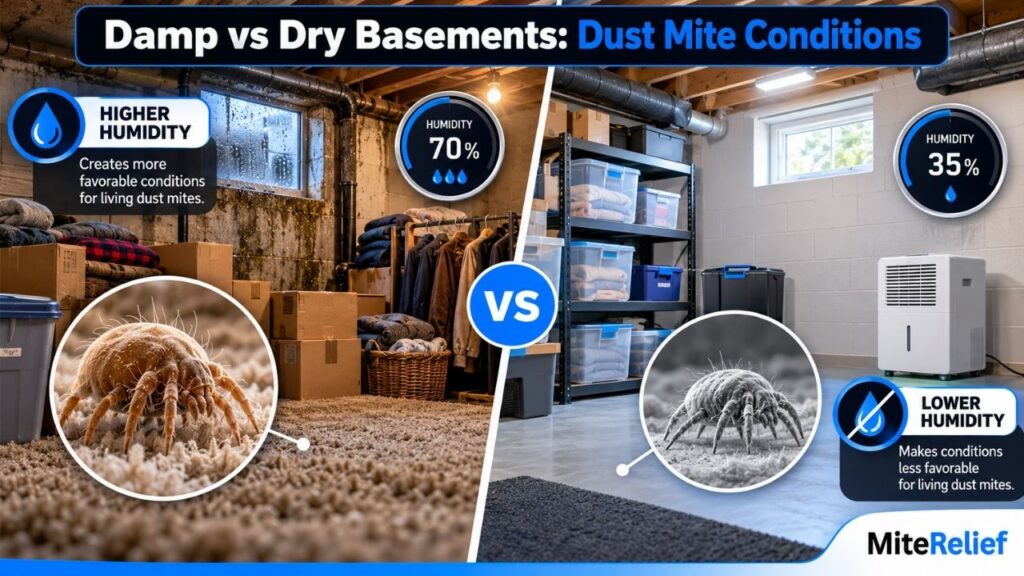 damp-vs-dry-basement-dust-mite-conditions.webp Comparison of a humid basement and a dry basement showing how moisture and humidity can influence dust mite conditions