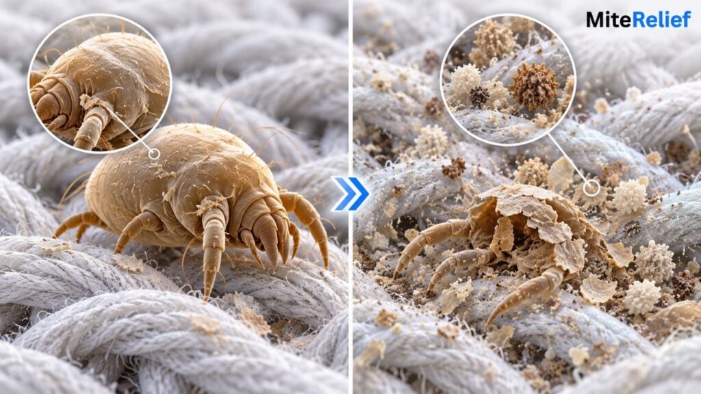 Scientific illustration comparing a living dust mite with dead mite remains and allergen particles