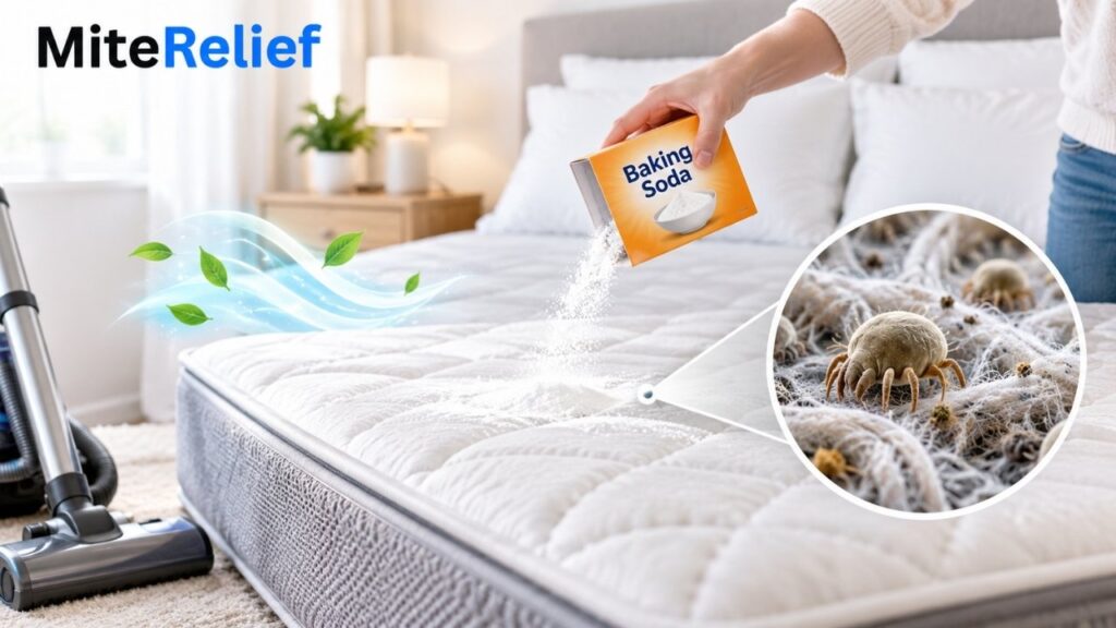 Baking soda sprinkled onto a mattress with magnified dust mites illustrated in the bedding