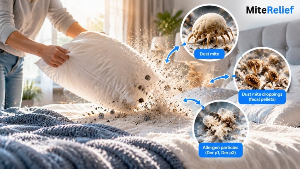 Dust mite allergen particles becoming airborne from bedding movement